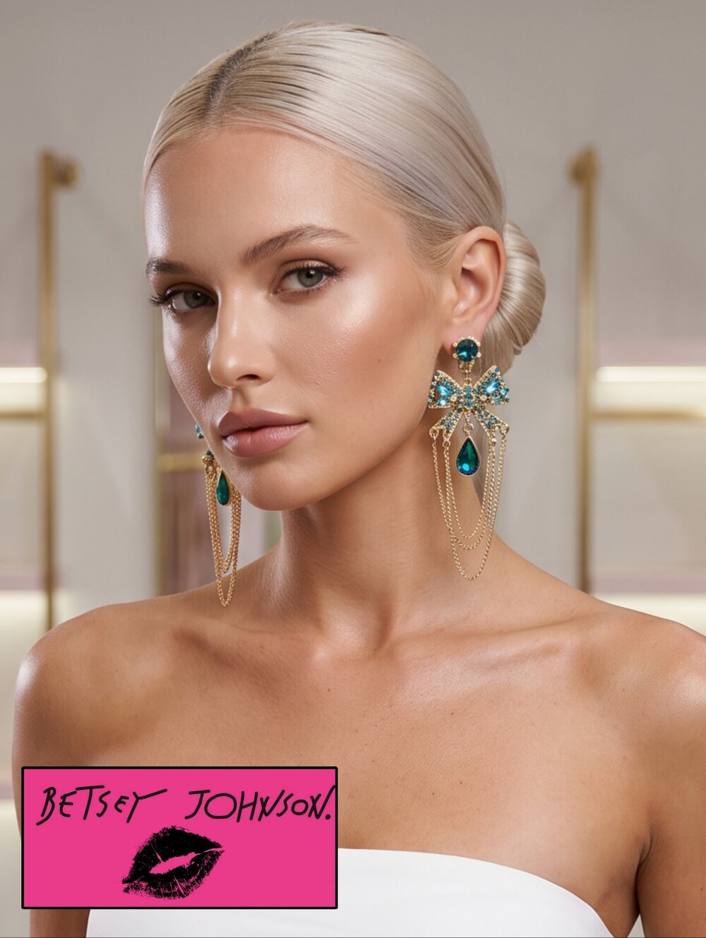 Vintage Signed Betsey Johnson Blue AB Crystal Bow Tassel Gold Earrings